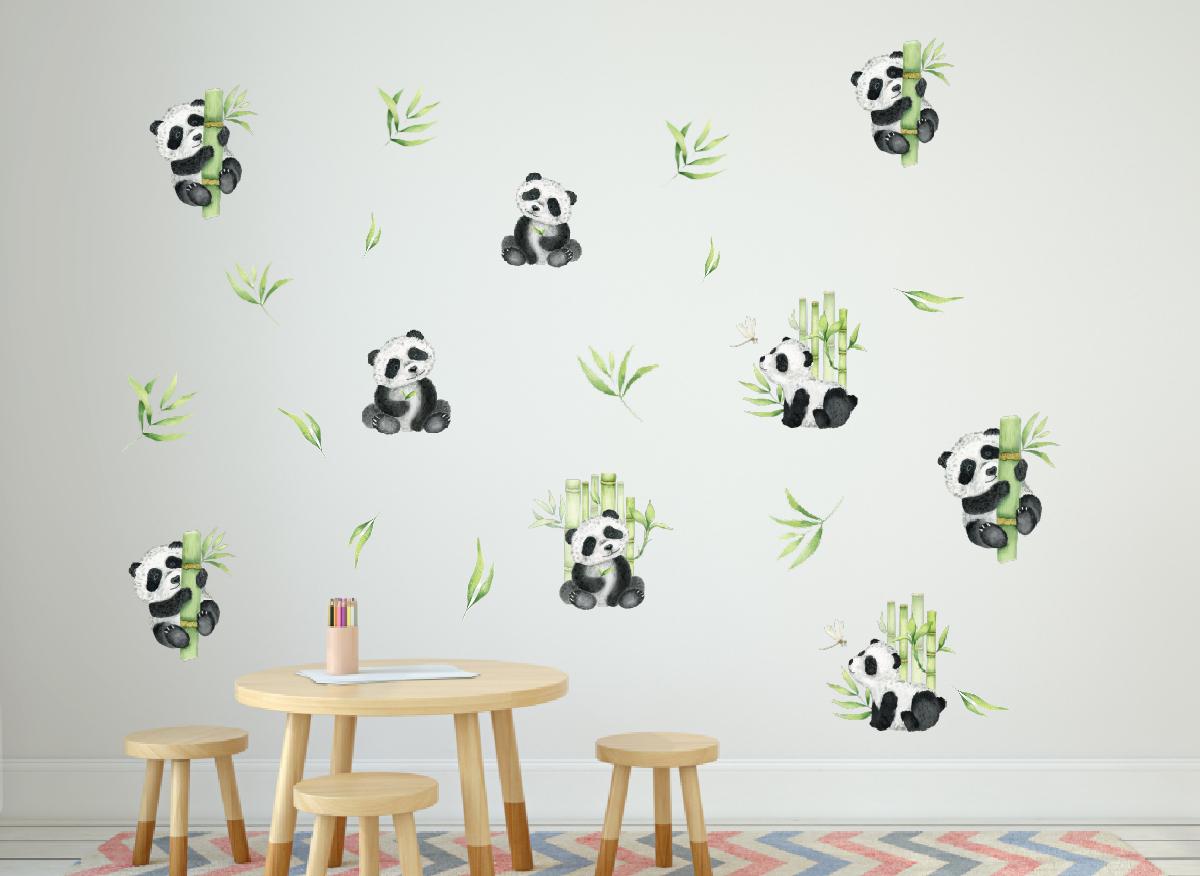 Panda Wall Stickers Set Of 2 Sheets - Watercolor Bamboo & Panda Decals, Peel And Stick, Removable Nursery Decor