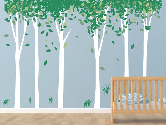 Autocollant Mural Géant - Forêt De Bouleaux Et Oiseaux, Déco Vinyle Blanc