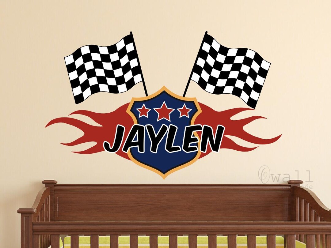 Custom Racing Flags Name Wall Decal for Boys Race Nursery Baby Room ...