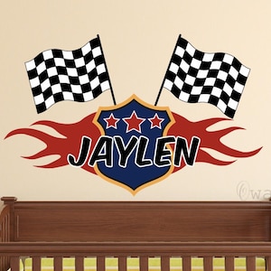 Custom Racing Flags Name Decal: Boys Nursery Wall Art