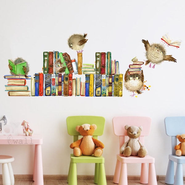 Reading Books Wall Decals Watercolor Owl Books Wall Stickers for Kids Bedroom Nursery Playroom Classroom Library Reading Corner Decoration