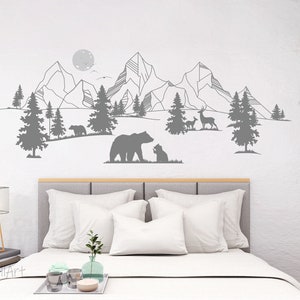 Mountains With Pines Bears Wall Decals, Forest Bears Wall Stickers,  Pine Tree Wall Decals, Mountains Sticker for Children Room Decoration