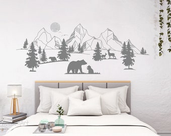 Mountains With Pines Bears Wall Decals, Forest Bears Wall Stickers,  Pine Tree Wall Decals, Mountains Sticker for Children Room Decoration