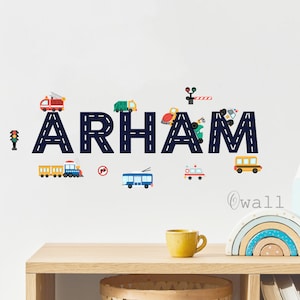 Custom Name WithTransportation set Transport collection for kids, Cars, and vehicles,Cute train, truck, fire engine, school bus Wall Decal