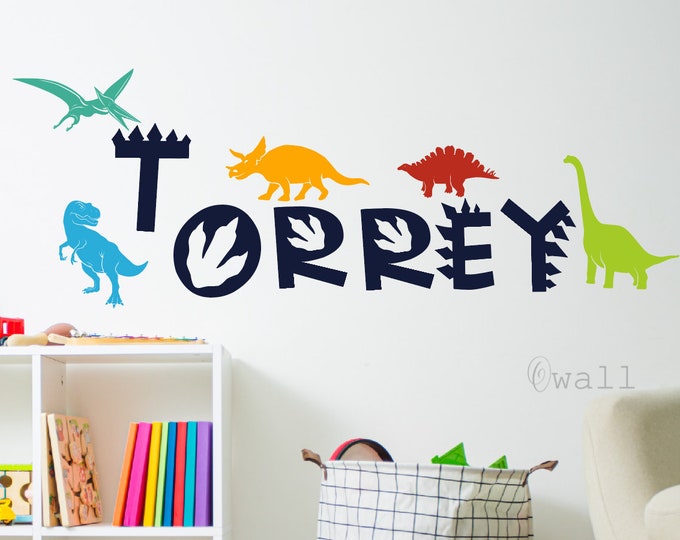 Dinosaur With Name Wall  Decal, Nursery Kids Boys & Girls Name Room Decor, Children's Dino Bedroom Decor, Personalized boy name wall art