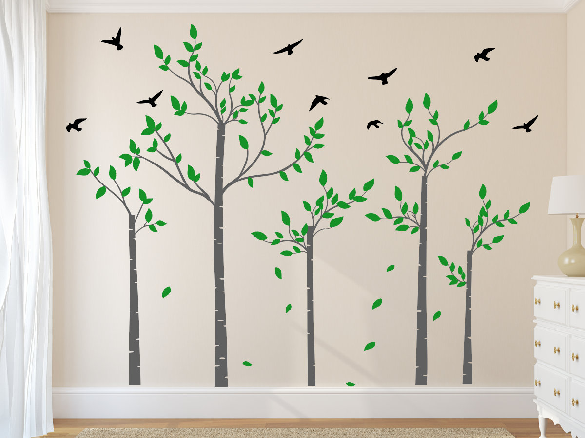 5pcs set Birch Tree  Decal, Birch Tree With Birds Wall Art, Nursery Birch Tree Decor,Large Wall Tree Decal, Forest Tree Wall Sticker