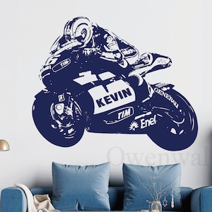 Motorcycle Racer Sticker, Custom Name Motorbike Wall Decor, Helmets Vinyl Wall Decal, Motorcycle Racer Vinyl Wall Decal