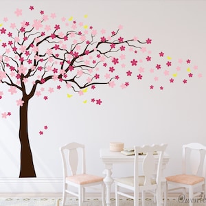 Blowing Tree Wall Decal, Cherry Blossom Tree Wall Decal, Tree Decor, Pink Flowers Tree Decor, Nursery Vinyl Wall Decal, Kids Room Wall Decor