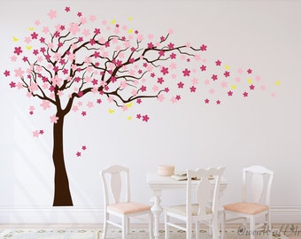 Souffler arbre sticker mural, sticker mural arbre de fleurs de cerisier, décor d’arbre, décor d’arbre de fleurs roses, sticker mural vinyle chambre d’enfant, décoration murale chambre d’enfant