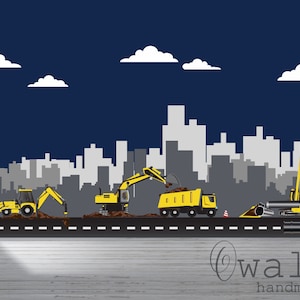 City Skyline Construction Digger Trucks Decal -Large Nursery Wall Decal for  Boy Room Decorations,Trucks Wall Decal for Children's Bedroom