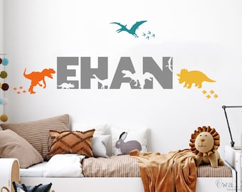 Custom Dinosaur Wall Name Vinyl Decal, Nursery Kids Boys & Girls Name Room Decor, Children&#39;s Dino Bedroom Decor