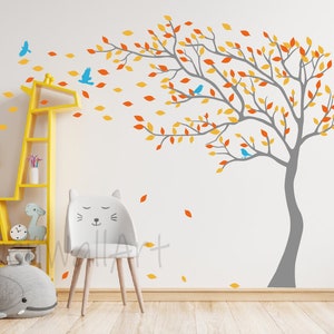 Large Tree Wall Decal, Blowing Leaves Tree Wall Decal, Tree Wall Art, Tree Wall Decor, Nursery Wall Vinyl Wall Decal, Kids Room Wall Decor