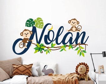 Sticker mural personnalisé singe avec nom, Sticker mural singe, Sticker mural nom de chambre d'enfant, Décoration murale nom d'enfant de la jungle