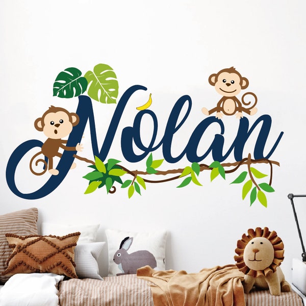 Sticker mural personnalisé singe avec nom, Sticker mural singe, Sticker mural nom de chambre d'enfant, Décoration murale nom d'enfant de la jungle