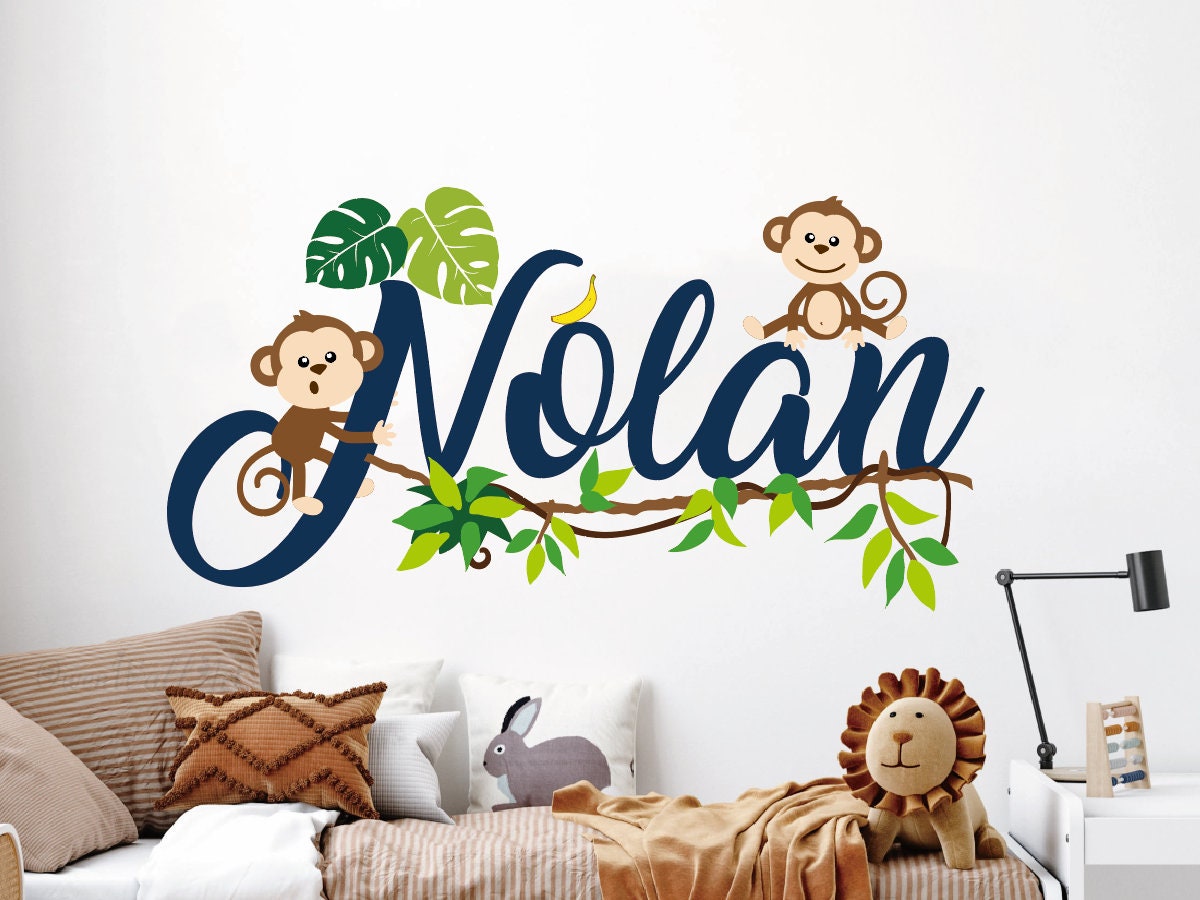 Custom Monkey With Name Wall Sticker,Monkey Wall decal,Nursery Name Wall Sticker,Jungle Kids Name Wall Decor