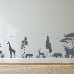 Pine Tree Giraffe Elephant and Deers Jungle Animals Wall Decal  For Kids Bedroom Wall Decor
