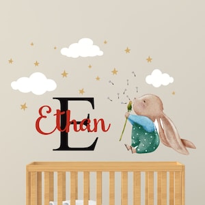 Konijntje met naam sticker, gepersonaliseerde naam konijn muur sticker, jongens en meisjes wand decor, Bunny kinderkamer slaapkamer kunst aan de muur