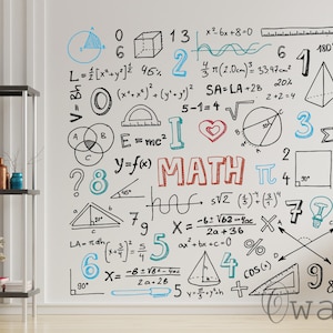 Op de afbeelding: Een witte muur met kleurrijke wiskundige vergelijkingen, symbolen en diagrammen erop geschreven. De vergelijkingen omvatten algebra, geometrie en calculus. De symbolen omvatten pi, oneindig en sommatie. De diagrammen omvatten cirkels, driehoeken en vierkanten. De muur is versierd met verschillende kleuren, waaronder rood, blauw, groen en geel.