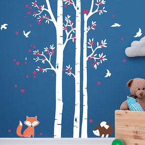 Birch  Trees and a Fox Decal Vinyl Wall Sticker 3 pcs set trees with fox Decal Nursery room wall art
