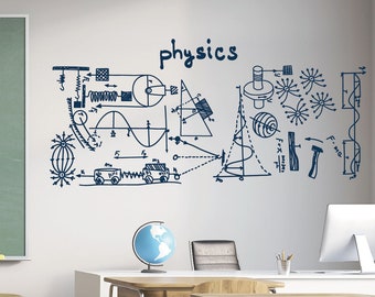 May include: A white wall with a blue physics themed wall decal. The decal includes various physics formulas, diagrams, and illustrations. The word "physics" is written in large letters at the top of the decal.