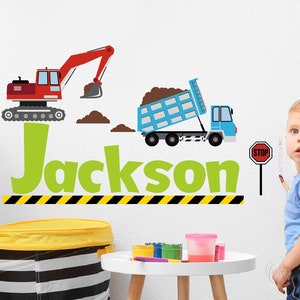 Custom Name & Initial Construction dump truck  Decal- Excavator Baby Boy - Nursery Wall Decal for Baby Room Decorations