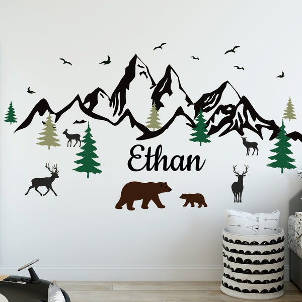 Stickers muraux montagnes de pépinière, Stickers muraux ours de montagne, stickers muraux sapin, autocollant bois de montagne pour chambre d'enfant