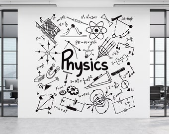 May include: A white wall with black ink drawings of physics formulas and diagrams. The word "Physics" is written in large, bold letters. The drawings include an atom, a magnet, a light bulb, and a pendulum.
