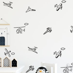 Set of 24 Airplanes and 24 clouds Vinyl Wall Art Decals  Plane Sticker For Nursery Kids Bedroom Playroom Living Room Home Decorations