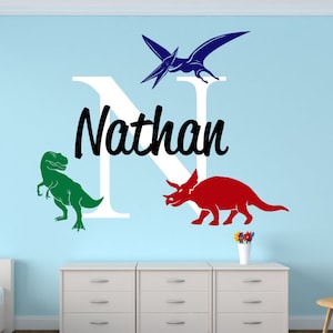Nursery Boys Name and Initial Dinosaurs Personalized Name Wall Decal, Boys Nursery Name Decals, Dinosaur Wall Decals