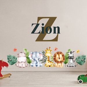 Animais da selva - Nome personalizado - Adesivo de parede de animal - Decoração de parede para meninos e meninas - Adesivo de parede com tema de zoológico - Adesivo de parede de berçário para quarto de criança