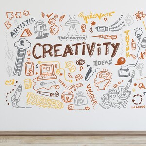 May include: A white wall with a large hand-drawn illustration of the word "CREATIVITY" surrounded by various doodles, including a rocket, a camera, a lightbulb, a computer, a fish, an octopus, and the words "PASSION", "HOBBY", "UNIQUE", "IDEAS", "INVENT", "THINK", "INNOVATE", and "ARTISTIC".