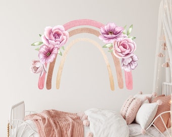 Acuarela arco iris flor grande vinilo pared calcomanías pelar y pegar, acuarela precortada melocotón rosa arco iris arte de la pared para el dormitorio de las niñas