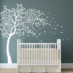 Blowing Tree Wall Decal, plenty Leaves Tree Wall Decal, White Tree Wall Art, Tree Wall Decor, Nursery Vinyl Wall Decal, Kids Room Wall Decor