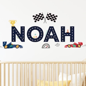 Racing Car With Name Wall Decal for Boys-Race Car Theme Nursery Wall Decor, Baby Room Wall Art Decor Vinyl Decal,Boy Room Wall Decor