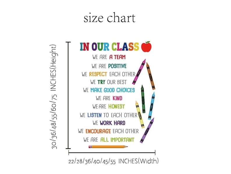 Pode incluir: Um cartaz de regras de sala de aula com uma ma&ccedil;&atilde; vermelha e l&aacute;pis de cor. O cartaz diz "In Our Class" e lista regras como "We are a team", "We are positive", "We respect each other", "We try our best", "We make good choices", "We are kind", "We are honest", "We listen to each other", "We work hard", "We encourage each other", e "We are all important". O cartaz est&aacute; dispon&iacute;vel em tamanhos que variam de 56 a 140 cm de largura e de 76 a 191 cm de altura.
