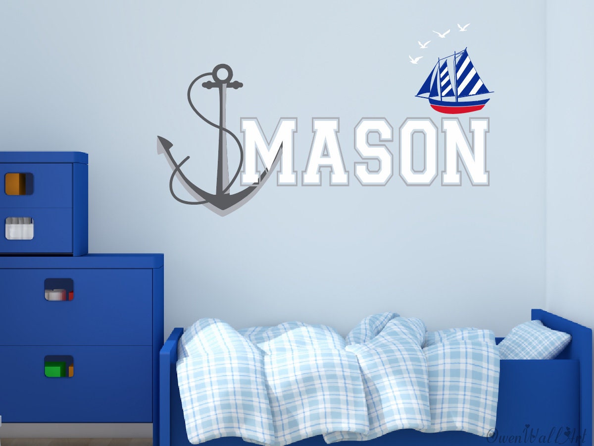 Custom Name Anchor & Stars Wall Decal - Nautical Nursery Decor For Baby Boy Room, Removable Vinyl Sticker (Size: 42" Wide X 20" High)