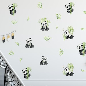 Adorable Watercolor Panda & Bamboo Leaf Wall Decal Stickers - 8-Piece Set Peel and Stick for Nursery, Kids Room Decor