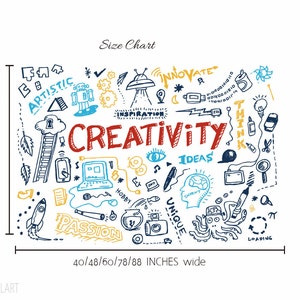 May include: A white wall decal with a colorful doodle design featuring the word "CREATIVITY" in red and surrounded by various icons and words related to creativity, such as "ideas", "passion", "unique", and "innovate". The decal is available in various sizes, ranging from 28 inches to 68 inches high and 40 inches to 88 inches wide.