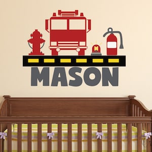 Custom Name Firetruck Wall Decal - Firetruck Wall Decals - Boys Room Name Wall Decal - Fire Truck Vinyl Wall Art Decor Sticker