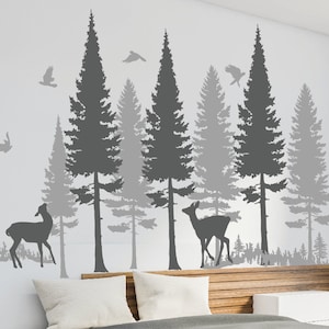 Forest Tree Pine Wall Decal  Deers Animals Wall Stickers  For Bedroom Nursery Kids Room Wall Decor