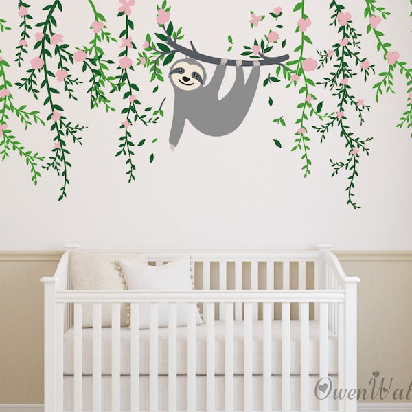 Vines With Sloth Bear Wall decal,Sloth With Tree Vinyl Decal, Vines  and sloth  Wall Sticker, Baby nursery wall decal, kids wall sticker