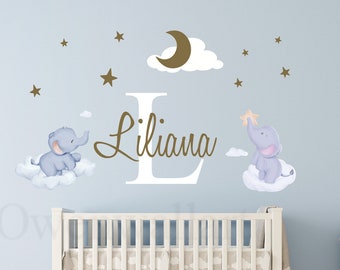 Little Elephant With Name Decal, Personalized Name Wall Sticker , Boy&#39;s Bedroom Wall Decor , Nursery Bedroom Wall Art