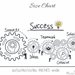 May include: Black and white illustration of a success concept with gears and text. The gears are labeled with words like "Strategy", "Teamwork", "Ideas", "Solutions", and "Creative". The text "Success" is written in black with a light bulb above it. The illustration is 21 to 41 inches high and 40 to 80 inches wide.