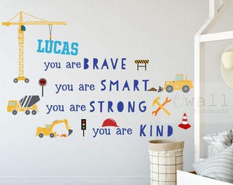 Calcomanía de pared personalizada de camión de construcción: Letrero con nombre para niño