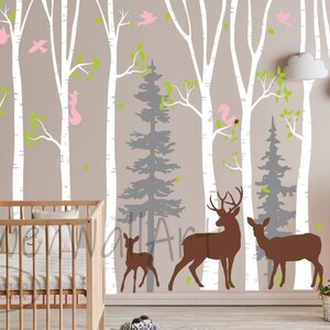 Forest Nursery Wall Decal, Birch Tree Pines  Wall Art, Nursery Birch Tree Decor,Large Wall Birch Tree Decal, Forest Tree Wall Sticker