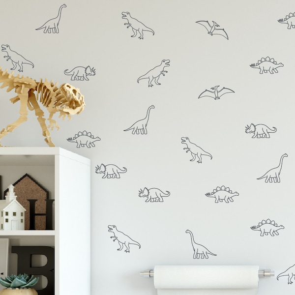 Dinosaur Wall Decals: Minimalist Outline Stickers, Kids Room Decor (30pcs)