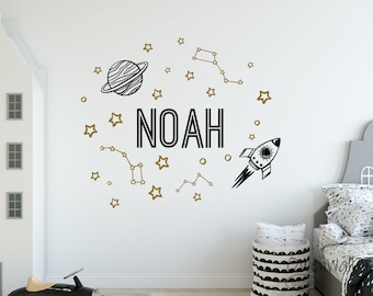 Boy Name Space Decal,Personalized Name with planet rocket Decal,Nursery Name  Decal,Kids room wall decal