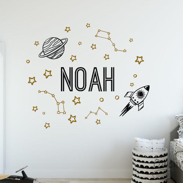 Boy Name Space Decal,Personalized Name with planet rocket Decal,Nursery Name  Decal,Kids room wall decal