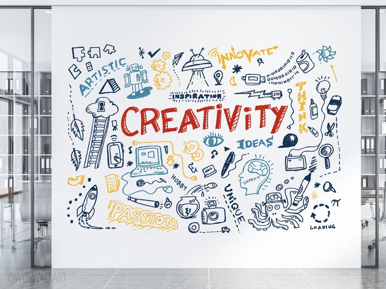 May include: A white wall with a colorful doodle of the word "CREATIVITY" surrounded by various symbols and words like "INNOVATE", "IDEAS", "PASSION", "UNIQUE", and "HOBBY".