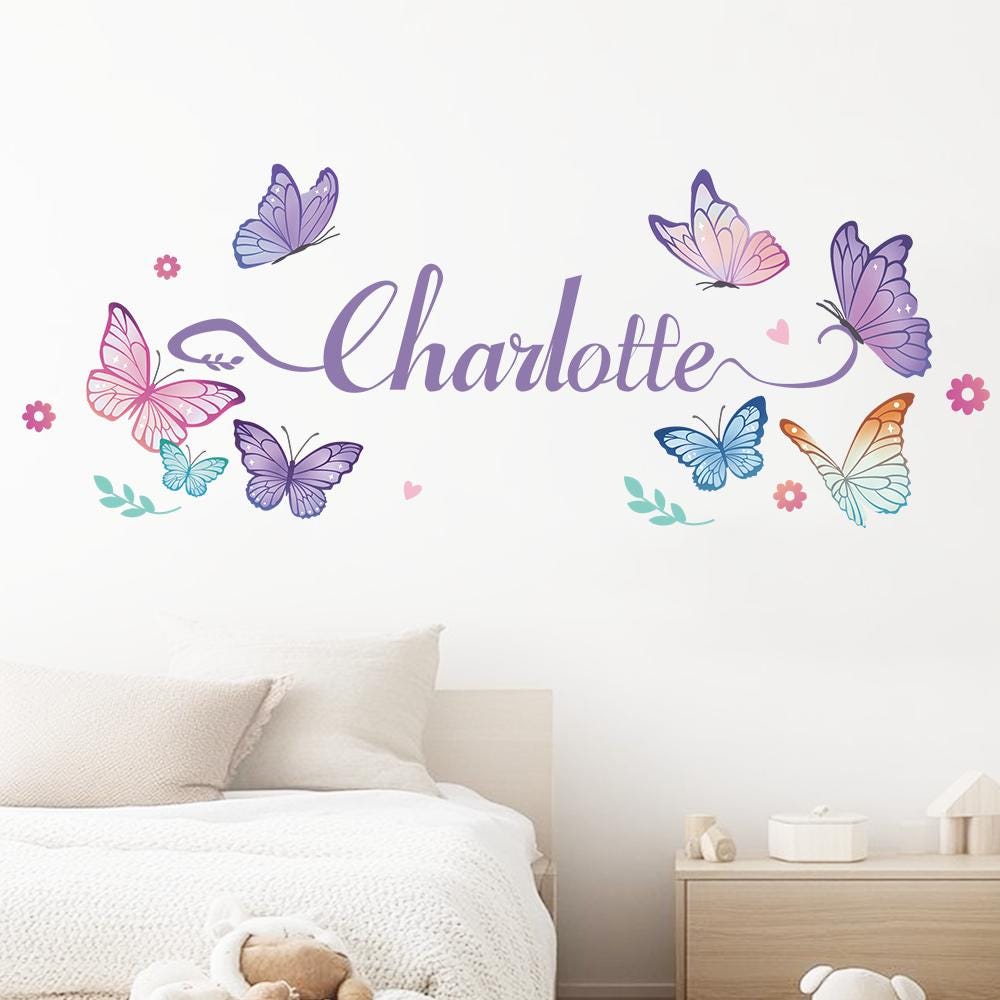 Wall Stickers Flowers Personalised Name Wall Sticker With Butterflies -  Kids Room Decal, Vinyl, Removable (UK Made) Name Wall Decor, image size:1000x1000